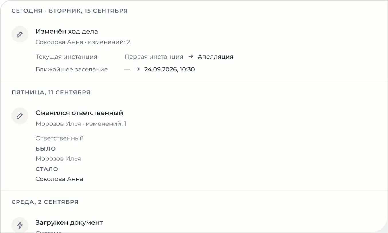 История изменений дела: кто и что поменял, с датой и прежним значением