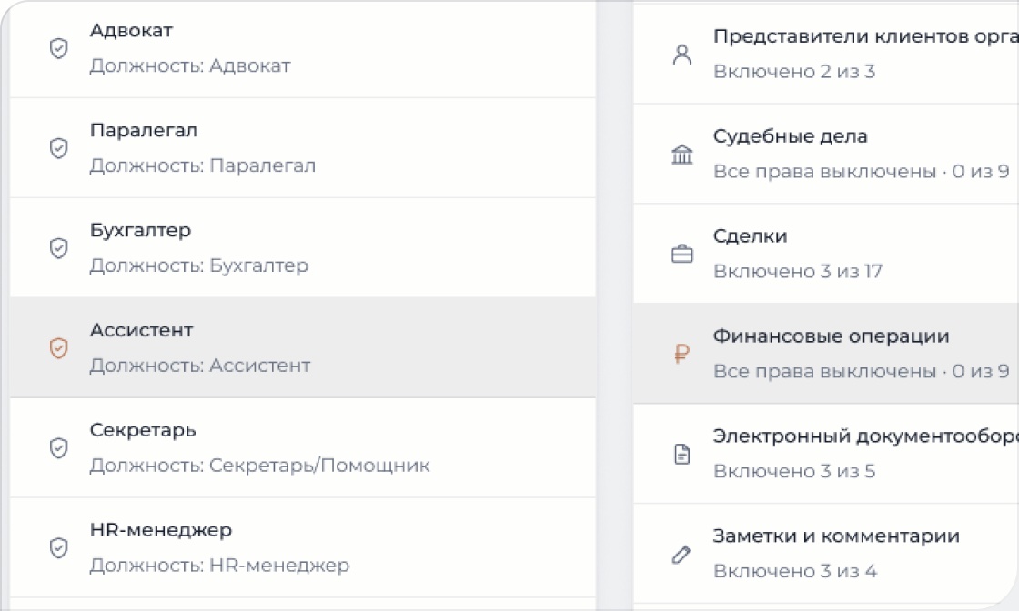 Роли организации и группы прав: у роли «Ассистент» финансовые операции выключены