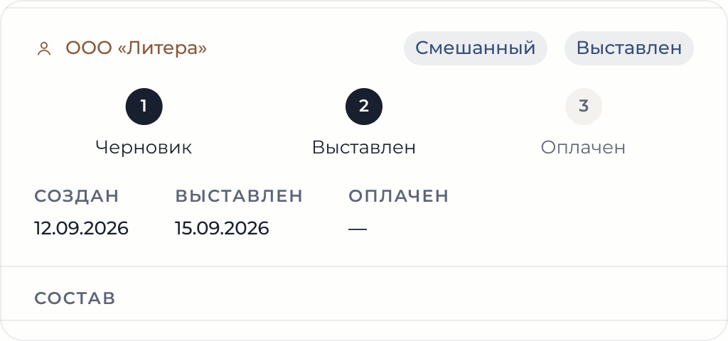 Путь счёта «Черновик» → «Выставлен» → «Оплачен» с датами создания и выставления