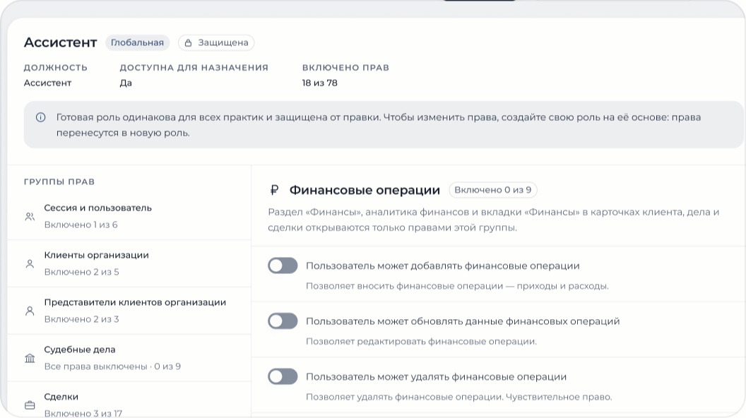 Роль «Ассистент»: группа «Финансовые операции» выключена, гонорары ассистенту не видны