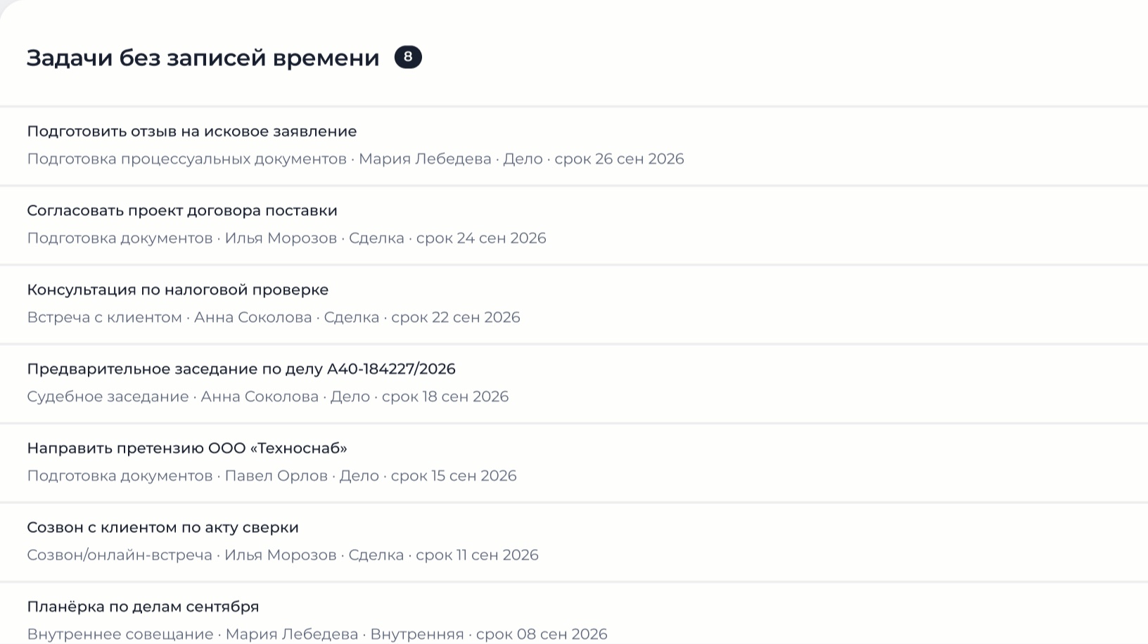 Список «Задачи без записей времени»: закрытые задачи с исполнителем и сроком, по которым нет часов