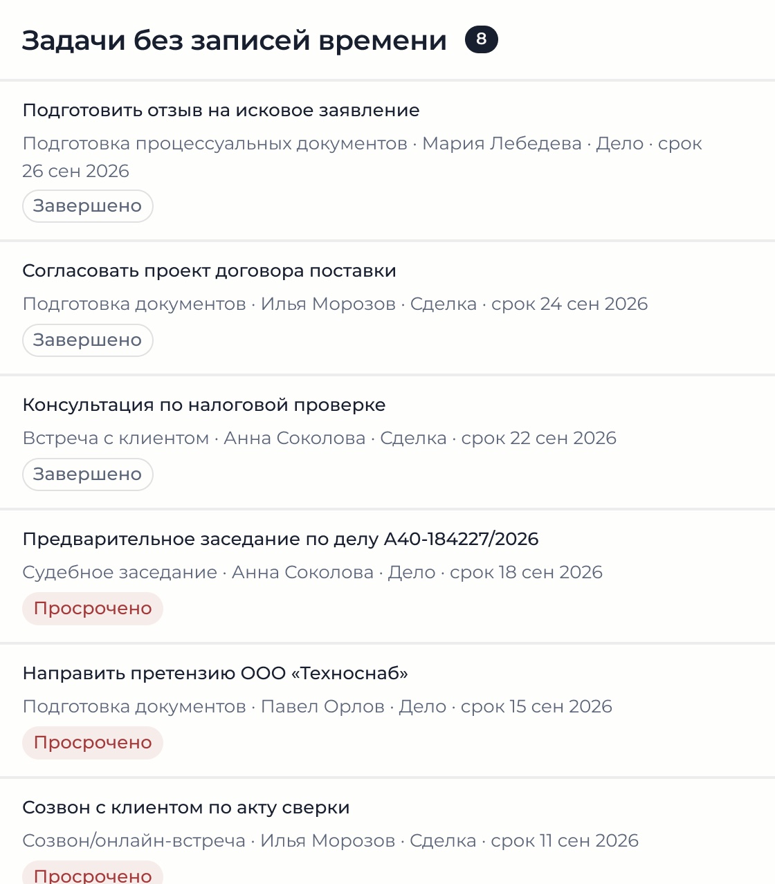 Список задач без учтённого времени: руководитель видит завершённую, но не оплаченную работу