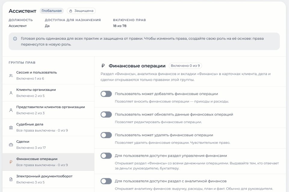 Роль «Ассистент» в настройках прав: доступ к финансовым операциям полностью выключен
