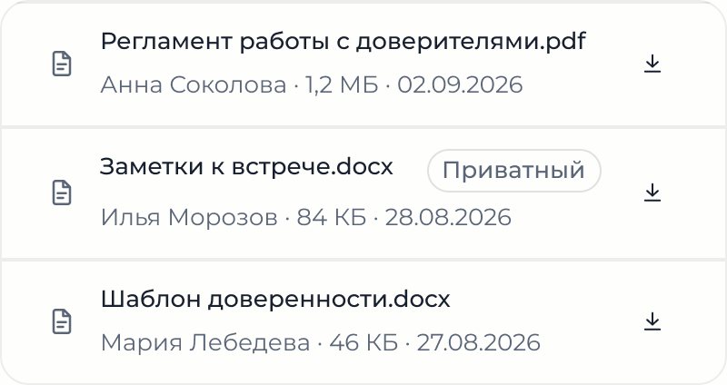 Файлы дела без общей папки: пометка «Приватный» показывает документ, доступный только автору
