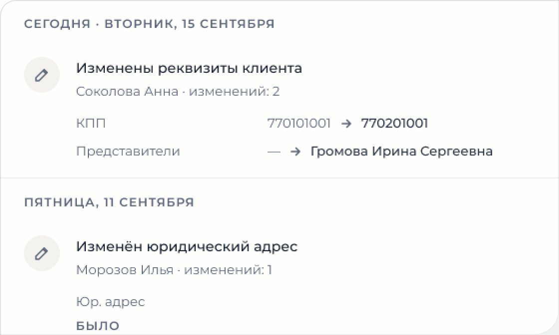 Журнал изменений данных: старое и новое значение реквизитов клиента и его представителя